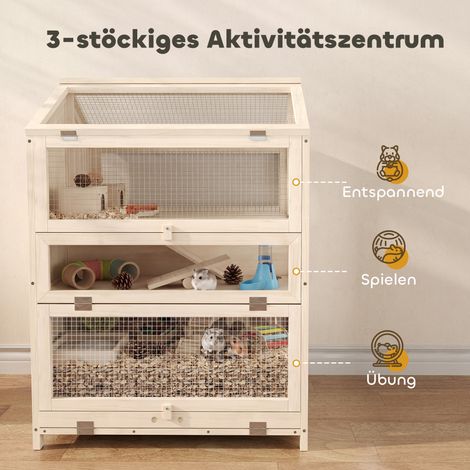 Cage à hamster en bois 3 niveaux, cage pour rongeurs et petits animaux avec cabanes, balançoires, rampes, gamelles d'eau, 68x61,5x90 cm, bois naturel (1/5)