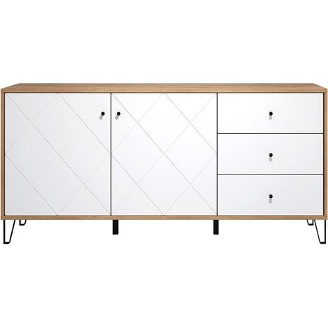 Buffet en bois MDF blanc et bois clair 2 portes 3 tiroirs Kidou L 183 cm (1/5)