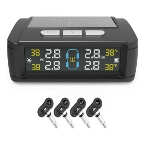 TPMS Système de Surveillance de La Pression des Pneus à énergie Solaire avec 5 Modes D'alarme,écran LCD à Rétroéclairage Automatique,4 Capteurs 0-67 PSI,Système D'alarme Automatique Sans Fil