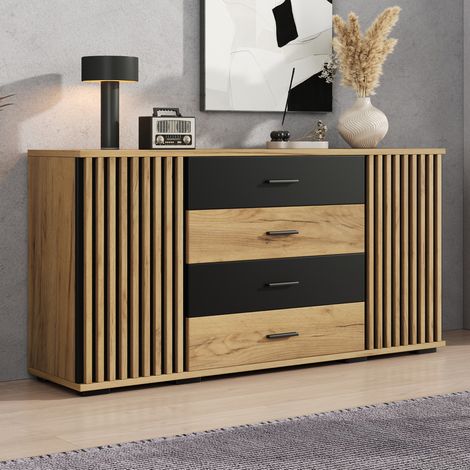 Sideboard 140 x 35 x 70 cm MDF 4 Schubladen 2 Türen verstellbare Böden schwarz OKMYHOME (1/5)