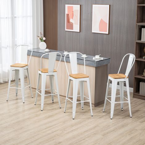 Lot de 4 tabourets de bar industriel avec dossier repose-pied hauteur assise 76 centimètres métal blanc