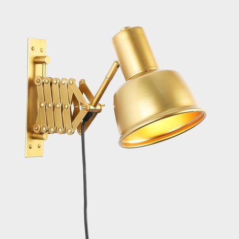Barcelona Led – Applique murale industrielle vintage avec bras ciseaux – Aluminium doré – Abat-jour réglable 300° – Bras extensible jusqu'à 48 cm