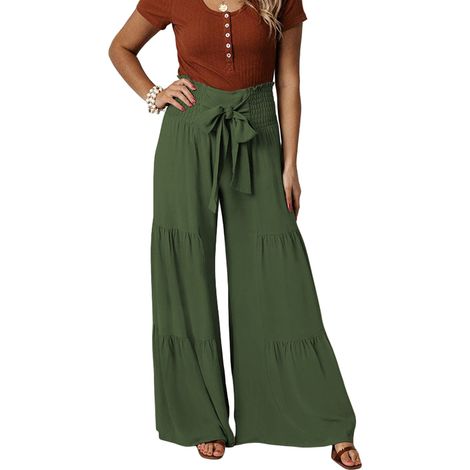 Pantalon Large - Taille Haute - Ceinture Élastique - Pour Yoga et Loisirs - Vert Olive - 1 Pièce (1/5)