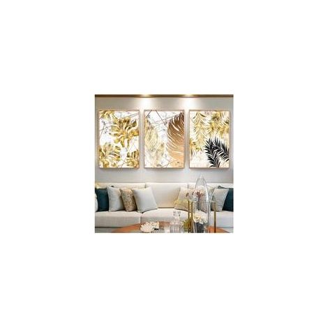 Lot de 3 tableaux sur toile de style nordique avec feuilles dorées - Décoration murale moderne pour salon ou chambre à coucher - 30 x 40 cm (sans cadre)