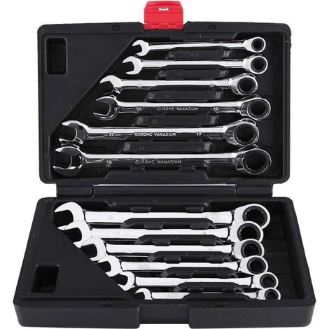 Clé à cliquet Set 8-19mm, 12 pièces tête fixe pièces métrique combinaison clé avec étui outil pour réparation de voiture-