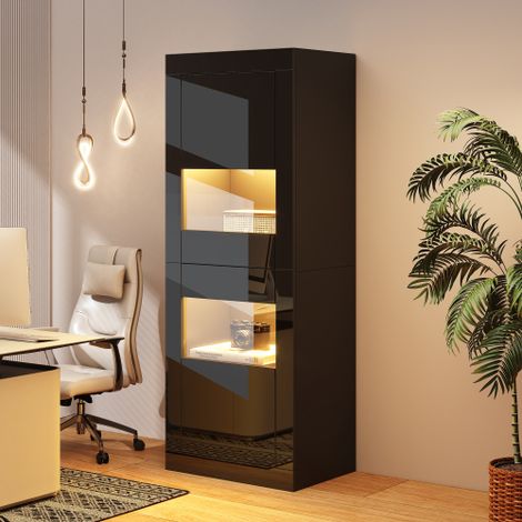 Vitrine noire haute brillance avec éclairage LED – Meuble vertical, meuble haut, meuble de rangement