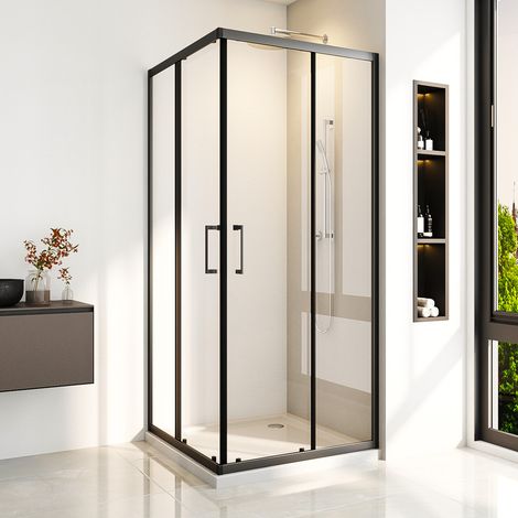 Duschkabine Schwarz 100x100cm Schiebetür Eckeinstieg Duschabtrennung mit Doppel Schiebetüren aus 6mm ESG Sicherheitsglas, Höhe 185cm (1/5)