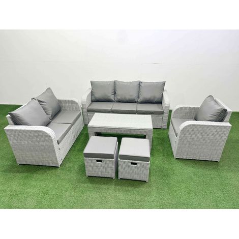 Fimous Patio PE Wicker 8 Seater Outdoor Rattan Furniture Sofa Sets with Oblong Coffee Table Reclining Chair Loveseat Sofa 3 Seater Sofa Stool Light Grey (1/4)