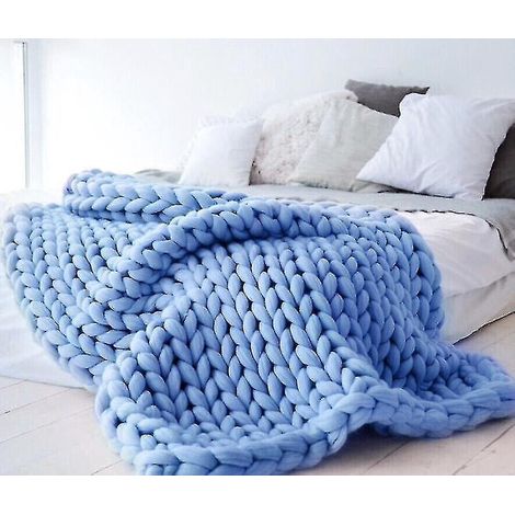 Grande couverture épaisse en grosse maille, jeté de canapé en laine - 100 x 100 cm - Bleu (1/4)