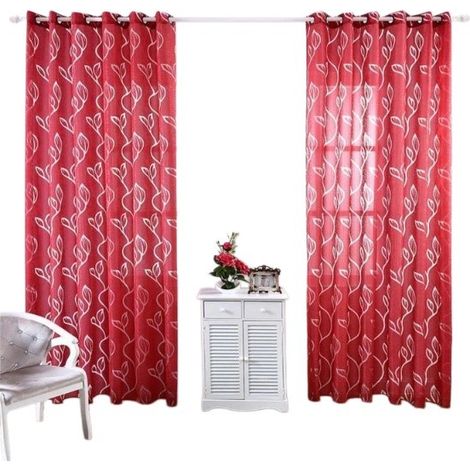 Voilage rouge, 1 panneau 100 x 250 cm, polyester à motif feuilles, passe-tringle (1/4)