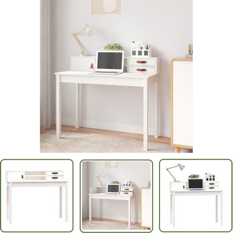 The Living Store Bureau Blanc 110x50x93 cm Bois massif de pin - Bureau En Bois - Bureau Design - Bureau Compact - Bureau Blanc - Bureau Moderne (1/5)