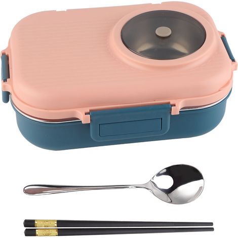 Boîte-repas isotherme 1100ml 3 compartiments acier inoxydable 304 avec couverts - Rose (1/5)