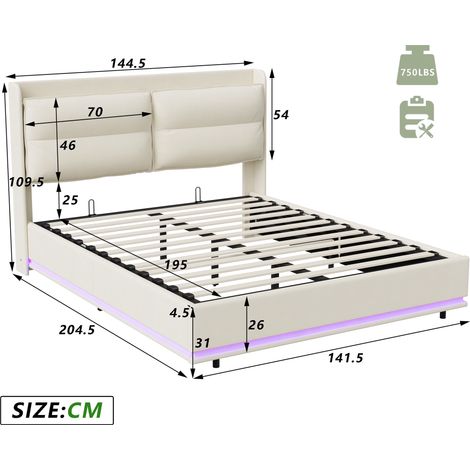 Lit coffre 140x190 cm, 2 places, avec LED, rangement, USB-A/C, sans fil charge, sommier à lattes en bois, cadre en métal, lit capitonné en velours - Beige