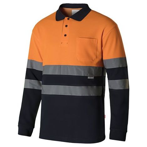 Polo algodón bicolor manga larga alta visibilidad 305515  S - Naranja flúor / Azul Navy