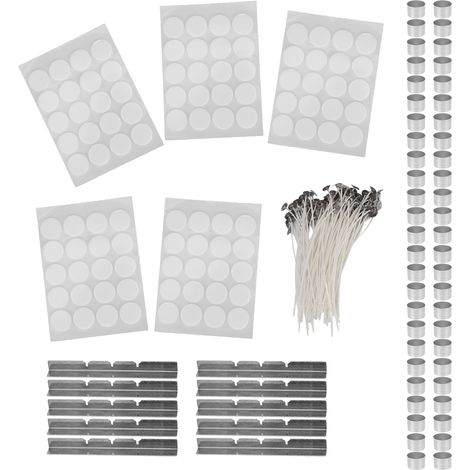 260 mèches de bougie de 15 cm, 100 bandes adhésives double face, 50 coques de bougie, 10 supports de mèche en acier inoxydable, coque en aluminium blanc de 23 g (1/5)