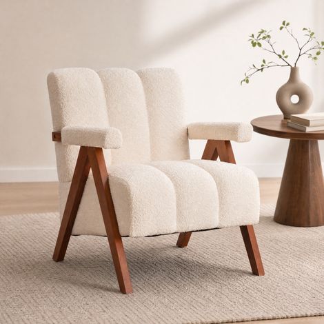 REDOM Poltrona con braccioli, imbottitura morbida, struttura in legno massello, schienale imbottito, beige (1/5)
