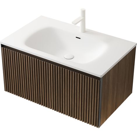 Meuble vasque salle de bain mural 80 cm avec vasque en résine blanche, tiroir à effet bois foncé, préassemblé, design flottant - CHICFURN (1/5)