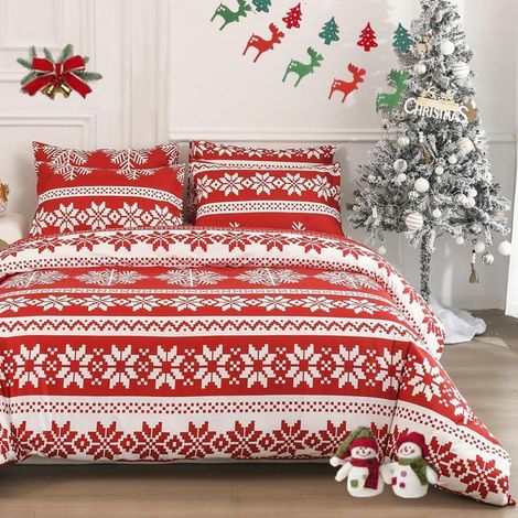 Ensemble de literie 220x240cm Rouge flocons de neige Noël Microfibre avec fermeture éclair