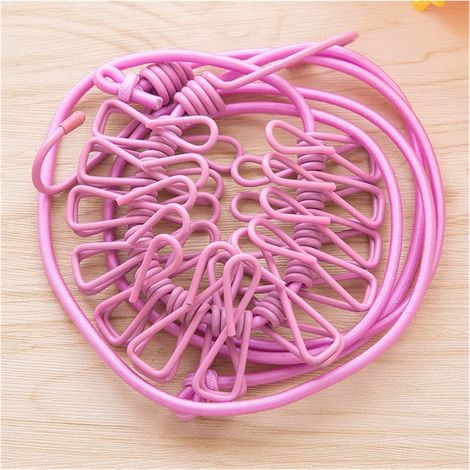 1 pièce - corde à linge élastique avec pinces à linge - corde à linge portable de voyage avec 12 pinces - rose (1/5)