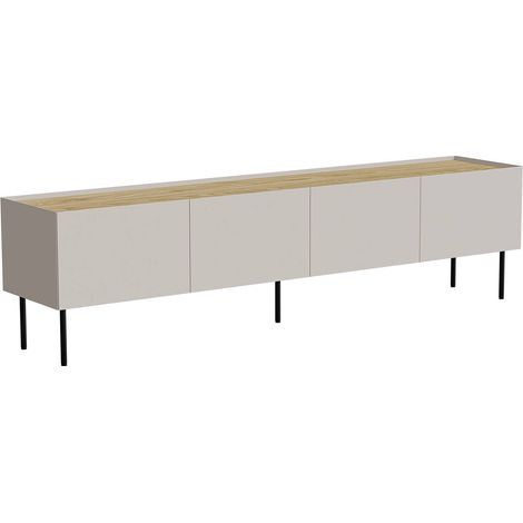 Meuble TV Scopa, buffet de salon avec quatre portes battantes et quatre compartiments intérieurs, surélevé du sol, 200x40 h52 cm, beige et chêne (1/4)