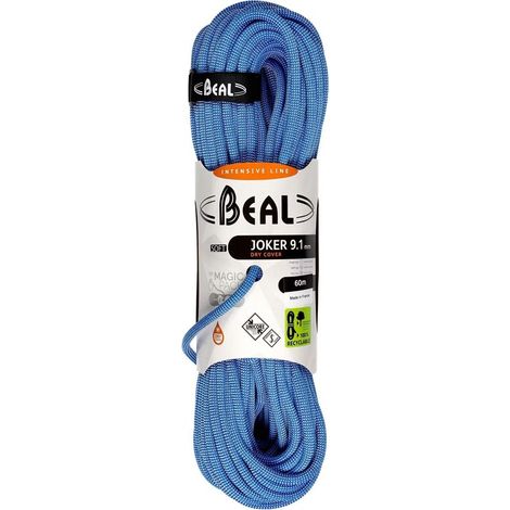 Cuerda de escalada blanda Beal Joker de 9,1 mm y 60 m con funda impermeable Unicore - Azul