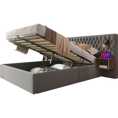 Lit coffre 160x200 avec 2 chevets, lampes de lecture, USB-C et matelas inclus, velours gris, rangement hydraulique - CHICFURN (1/5)