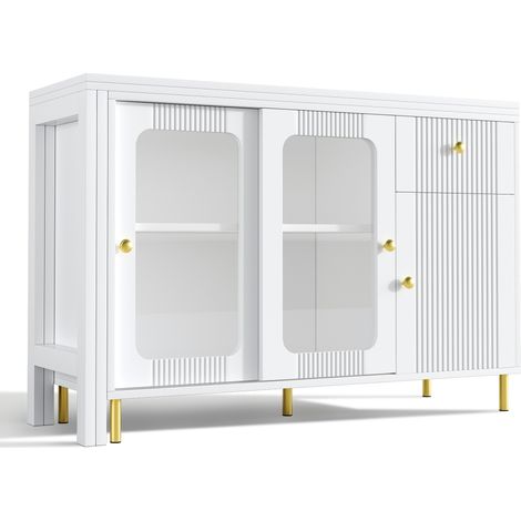Buffet blanc moderne avec plateau rabattable et extensible, surface pivotante, pieds en métal doré, portes coulissantes en verre et motif ondulé – idéal pour salle à manger et cuisine