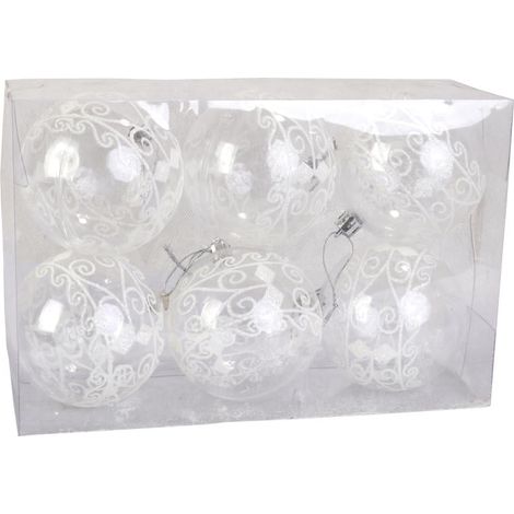 Set mit 6 bruchsicheren, transparenten Kugeln, verziert mit weißem Glitzer, 5 cm (1/3)