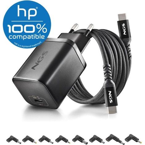 Cargador GaN de Portátil NGS BUD65W-H para HP/ 1xUSB Tipo-C/ 65W/ Automático/ 8 Conectores/ Voltaje 5-20V