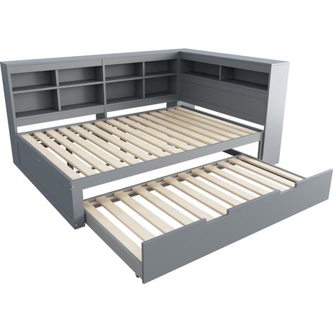 Cama Nido 140 x 200 cm y 90 x 190 cm de Madera con Compartimentos de Almacenamiento, Puerto USB, sin Colchón, Gris (1/5)