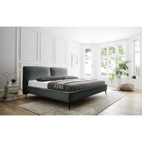 Meise Möbel Polsterbett Infinity 200x200 cm Doppelbett Bettgestell Kopfteil in Kissenoptik Webstoff Moosgrün Metallfuß schwarz (1/5)