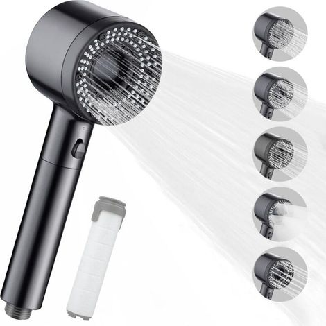 Pommeau de Douche Haute Pression, Pommeau Douche Anti Calcaire avec 5 Modes Réglables, Douchette Douche Salle de Bain avec Filtre, Pommeau de Douche Économie D'eau avec Bouton Pause (Gris) (1/4)