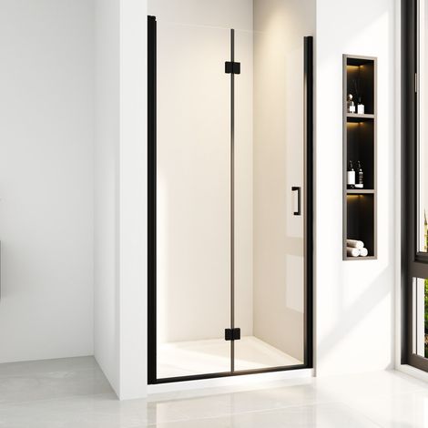 75 x 195 cm Schwarzer Duschtür Nischentür Falttür Duschabtrennung Duschkabine Falttür Nische Drehfalttür Dusche 6mm NANO ESG Glas Faltbar Duschwand (1/5)