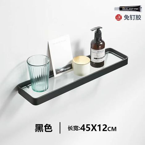 Étagère de salle de bain (45 cm) en aluminium, étagère de douche en verre, finition noire, panier de rangement à ventouses, accessoire de salle de bain (1/5)