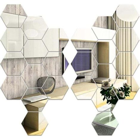 Juego de 24 espejos de pared hexagonales, espejos adhesivos plateados de 126 × 110 × 63 mm, espejos de pared hexagonales autoadhesivos de acrílico para sofá, decoración de fondo de TV, dormitorio, sal