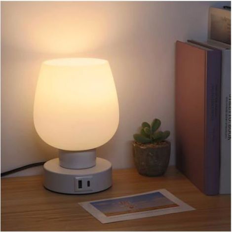 Lampe Chevet Tactile, 3 Couleurs, Ports USB-C/A, Abat-Jour Verre Laiteux, Portable, Bureau/Chambre (Classe F)