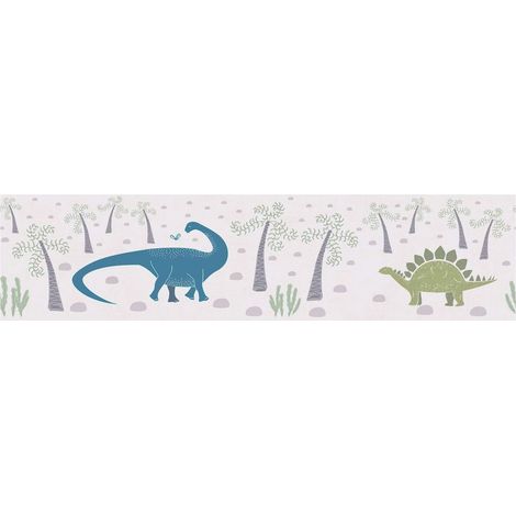 Children wallpaper wall Profhome 771411 border smooth with dinosaurs matt grey cream blue green 5 m (1/5)