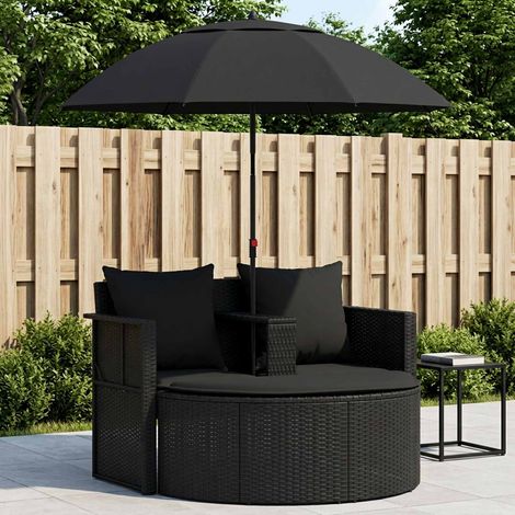 vidaXL Lettino da Giardino con Ombrellone in Polyrattan Nero (1/4)