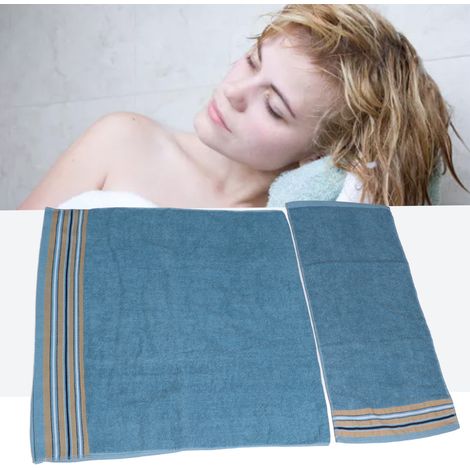 Serviette de bain bleue à rayures parallèles en tissu éponge, serviette de bain en coton à fibres longues, 70 x 140 cm, épaisse, absorbante, 100 % coton, avec lettrage et broderie. (1/5)
