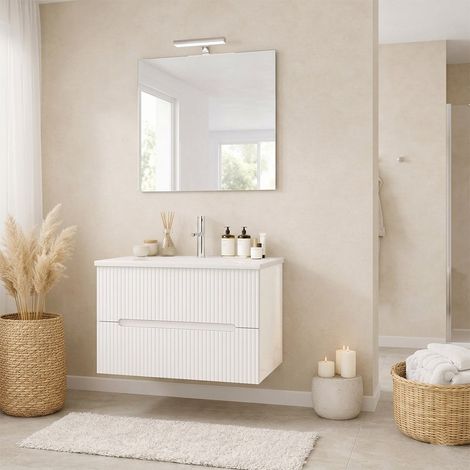 Mobile Bagno Sospeso 80Cm Bianco Con Frontale Cannettato Bianco  Magnolia