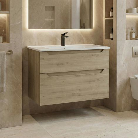 Meuble vasque suspendu 85 cm décor chêne 2 tiroirs ELYO (1/4)