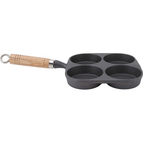 Poêle à œufs 4 alvéoles, poêle à frire avec manche en bois pour pancakes et omelettes du petit-déjeuner