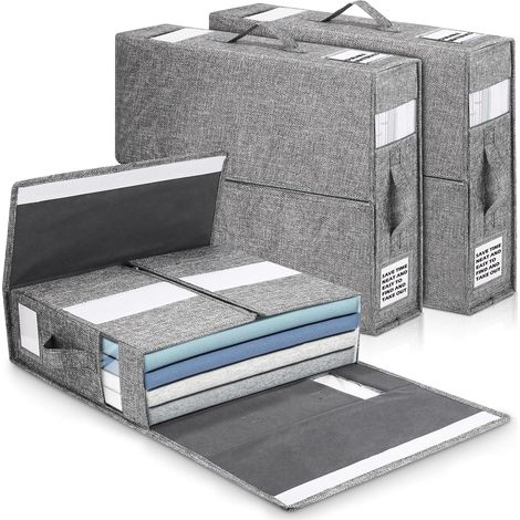 Caja para guardar sábanas, bolsa de 3 piezas para guardar ropa, organizador de sábanas plegable, se puede guardar debajo de la cama en armarios, organizador de ropa para armario con etiqueta y asa (1/5)