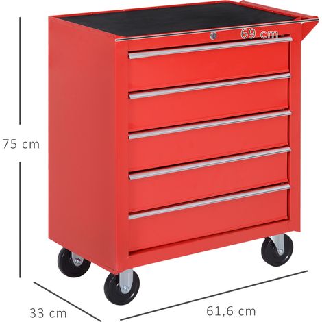 Armoire à outils roulante pour garage ou abri de jardin, en acier, 69 cm (L) x 33 cm (l) x 75 cm (H), rouge (1/5)