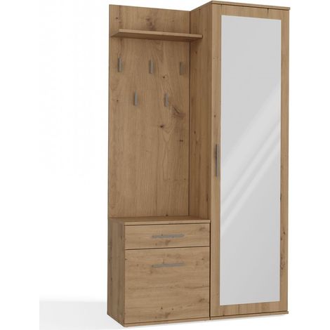 Topeshop – Armoire Duo avec miroir – 180 cm de hauteur – Chêne artisan – 5 cintres et étagère – Tiroir pratique