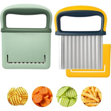 Lot de 2 coupe-frites ondulés - Lame ondulée - Coupe-frites multifonctionnel - Avec protège-lame - Acier inoxydable - Lame dentelée - Coupe-pommes de terre - Pour couper divers légumes, pommes de terr (1/5)