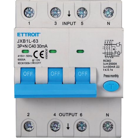 RCBO Interruttore Magnetotermico Differenziale Tipo A Curva C 3P+N 4M 6000A 30mA C40A AC 400V IP20 IEC61009-1