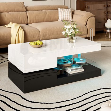 Table basse LED 90x45x35,5 cm noir et blanc en panneau de particules avec plateau en verre, commande APP et Bluetooth (1/5)