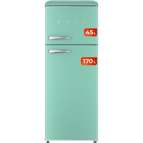 EVVO Frigorífico 2 puertas F45 Retro Verde Aquamarina, refrigerador 170 litros, congelador 45 litros, diseño vintage, cajón Crisper Zone, libre de gas CFC, silencioso