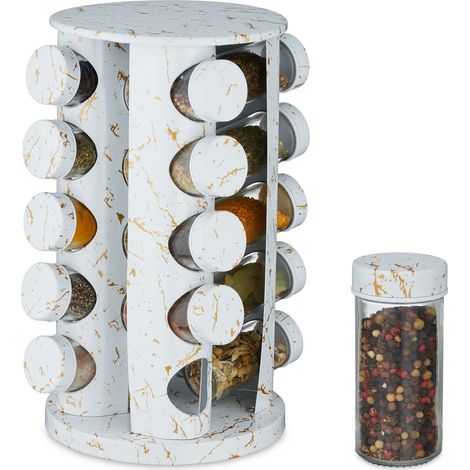 Relaxdays Portaspezie da Cucina, 20 Barattoli, Fori Spargispezie, Girevole a 360°, HxD: 33,5x19cm, Effetto Marmo, Bianco (1/5)